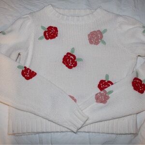 Jessica Simpson Floral Knit Sweater - White with Red and Pink Flowers